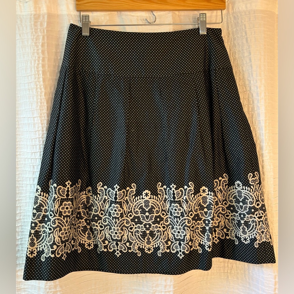LOFT Black Polka Dot A-Line Skirt with Cream Embroidered Border